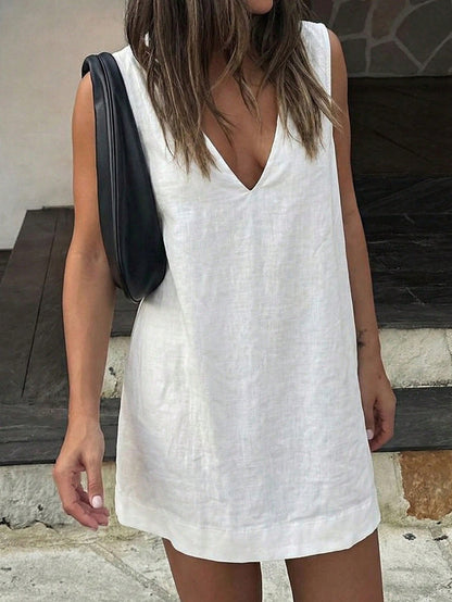 White Sleeveless V-Neck Linen A-Line Short Dress, Suitable For Vacation And Casual Daily Wear, Spring/Summer Beach, Quiet Luxury
