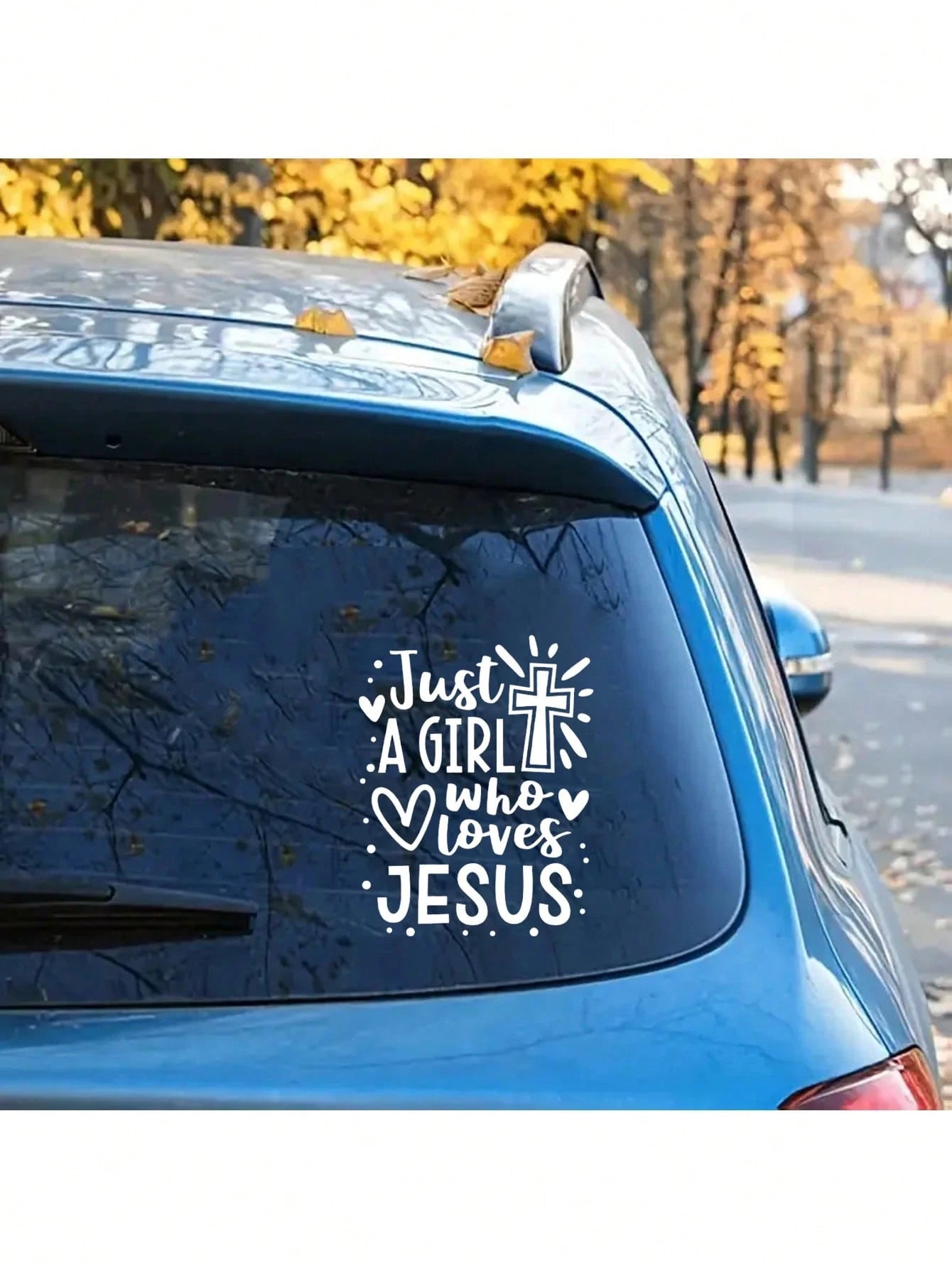 Who Loves Jesus Is Just A Girl Car Sticker, Laptop, Water Bottle, Phone, Car, Truck, Van, SUV, Motorcycle, Vehicle, Paint, Window, Wall, Cup, Bumper, Craft Sticker