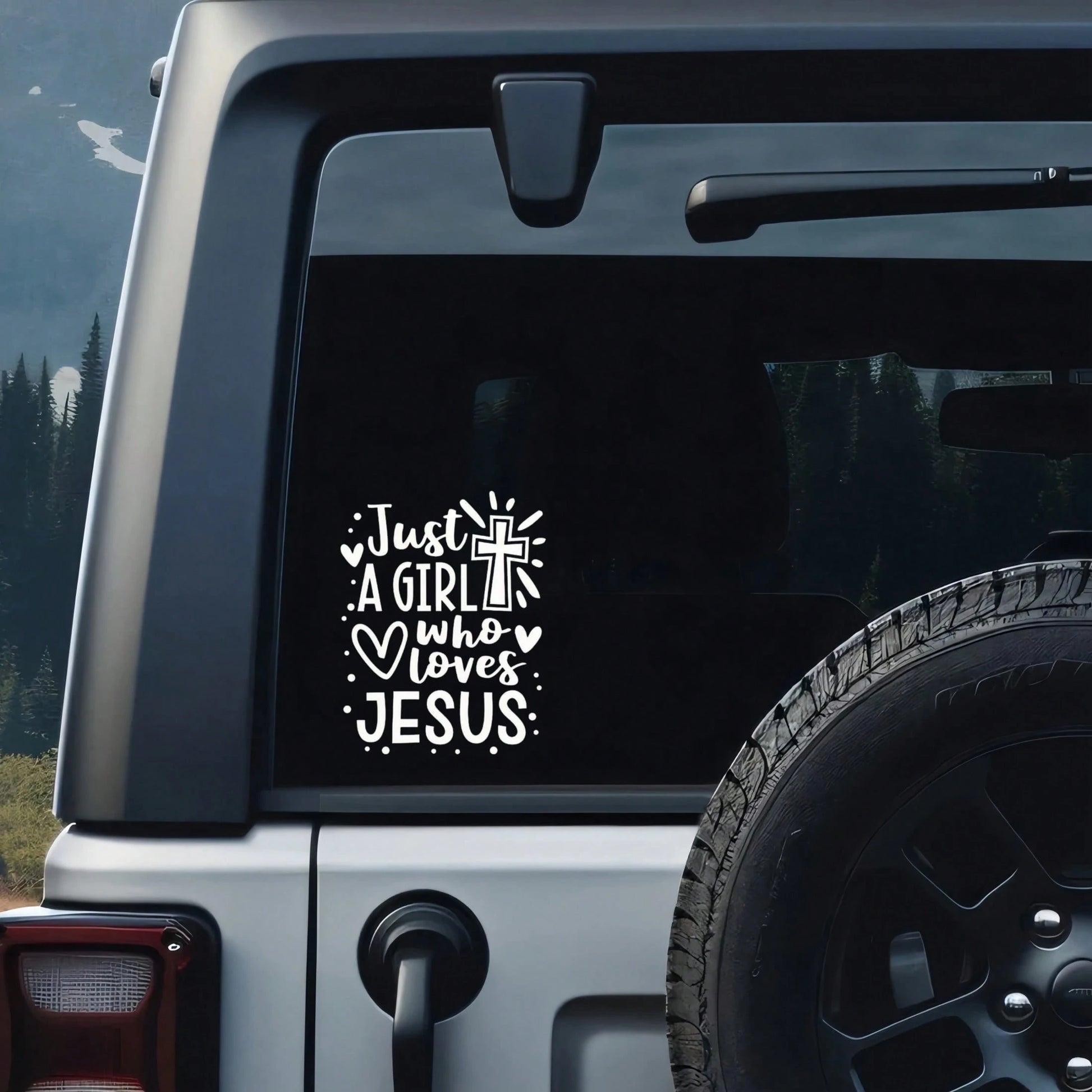 Who Loves Jesus Is Just A Girl Car Sticker, Laptop, Water Bottle, Phone, Car, Truck, Van, SUV, Motorcycle, Vehicle, Paint, Window, Wall, Cup, Bumper, Craft Sticker