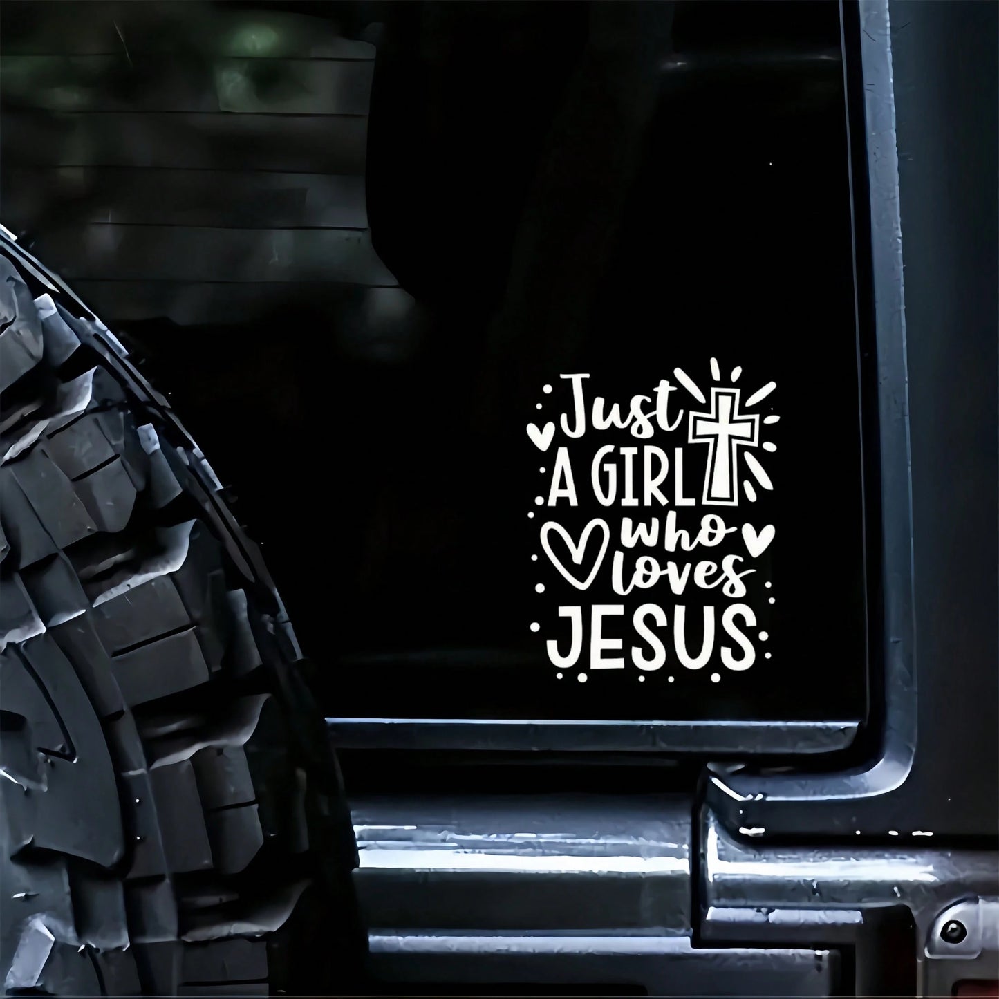 Who Loves Jesus Is Just A Girl Car Sticker, Laptop, Water Bottle, Phone, Car, Truck, Van, SUV, Motorcycle, Vehicle, Paint, Window, Wall, Cup, Bumper, Craft Sticker