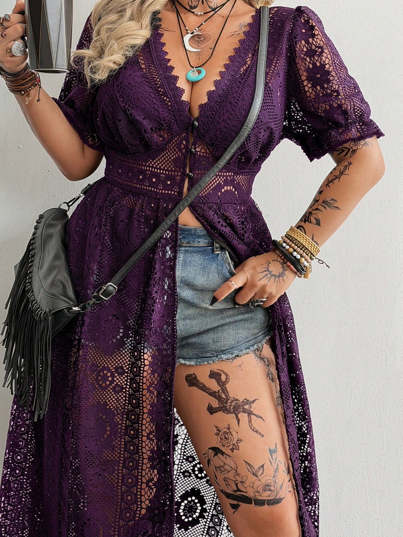 Whyspr Plus Size V-Neck Lace Hollow Out Jacquard Short Sleeve Elegant Retro Cute Beach Casual Cinched Waist A-Line Open Front Long Black Shirt