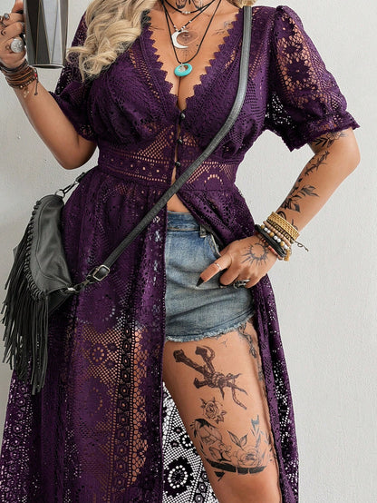 Whyspr Plus Size V-Neck Lace Hollow Out Jacquard Short Sleeve Elegant Retro Cute Beach Casual Cinched Waist A-Line Open Front Long Black Shirt