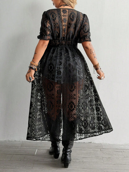 Whyspr Plus Size V-Neck Lace Hollow Out Jacquard Short Sleeve Elegant Retro Cute Beach Casual Cinched Waist A-Line Open Front Long Black Shirt