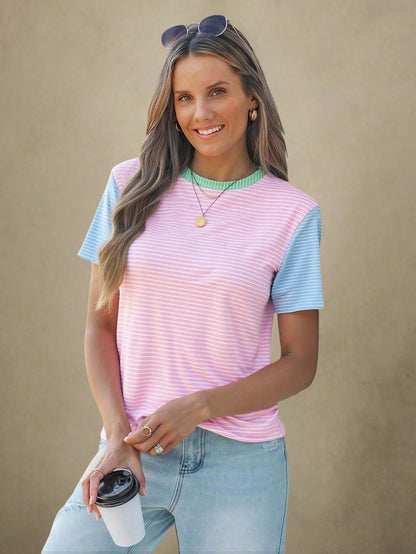 Wildy Casual Simple Contrasting Striped Round Neck Short Sleeve Loose Women T-Shirt Brunch Breakfast Everyday Pink Stripe Summer