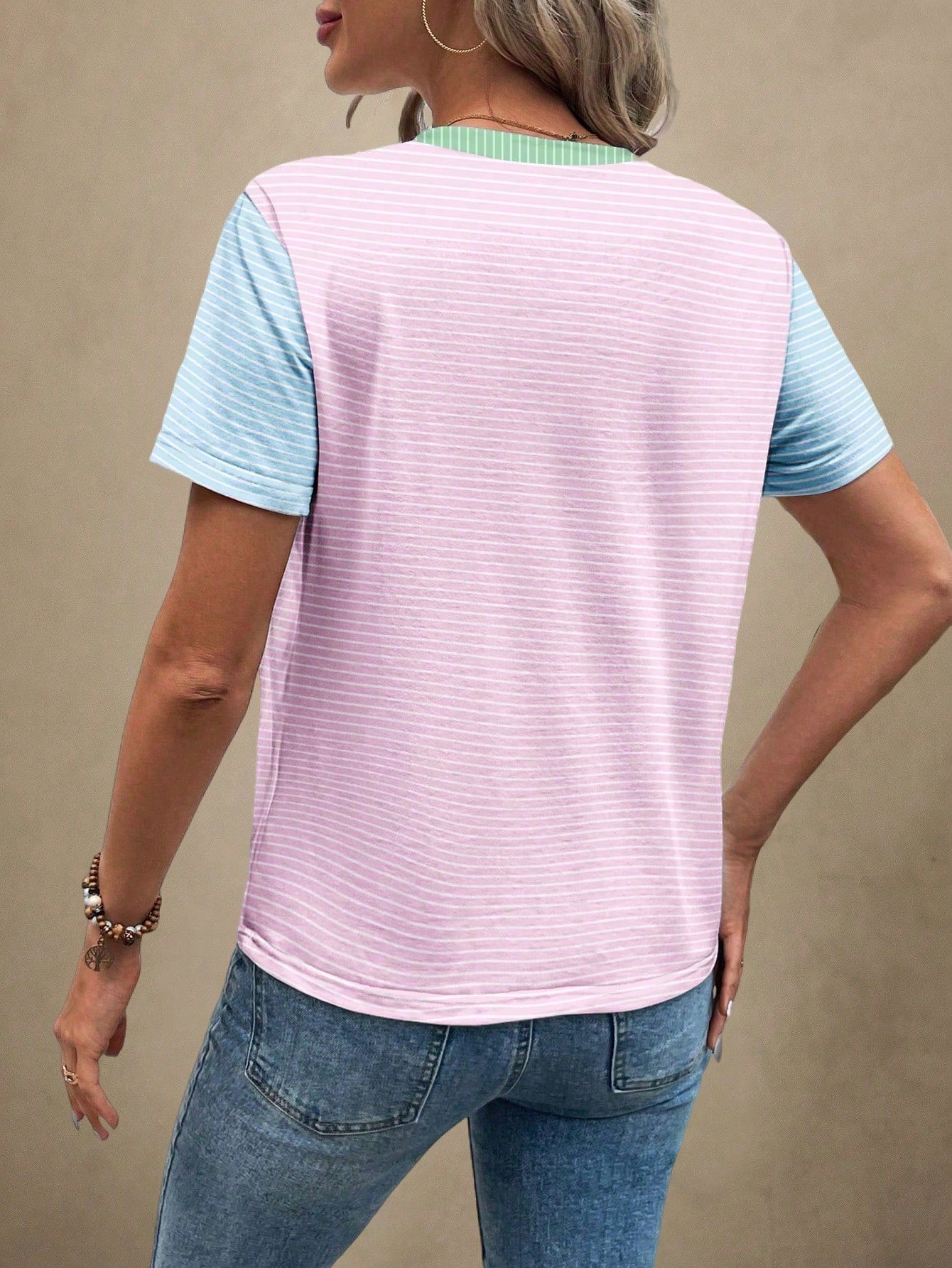 Wildy Casual Simple Contrasting Striped Round Neck Short Sleeve Loose Women T-Shirt Brunch Breakfast Everyday Pink Stripe Summer