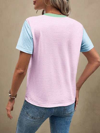 Wildy Casual Simple Contrasting Striped Round Neck Short Sleeve Loose Women T-Shirt Brunch Breakfast Everyday Pink Stripe Summer
