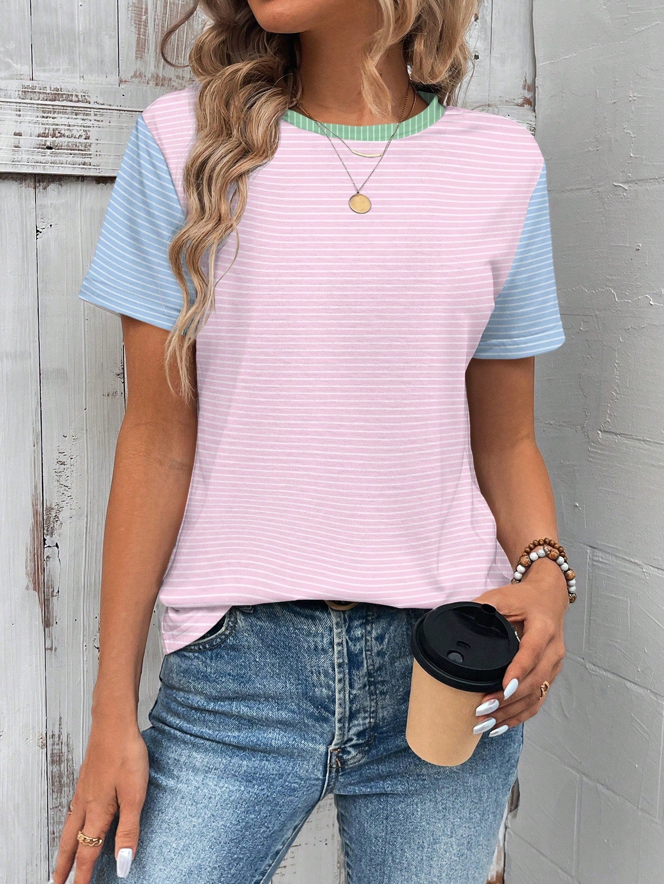 Wildy Casual Simple Contrasting Striped Round Neck Short Sleeve Loose Women T-Shirt Brunch Breakfast Everyday Pink Stripe Summer