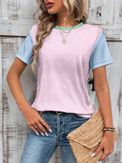 Wildy Casual Simple Contrasting Striped Round Neck Short Sleeve Loose Women T-Shirt Brunch Breakfast Everyday Pink Stripe Summer