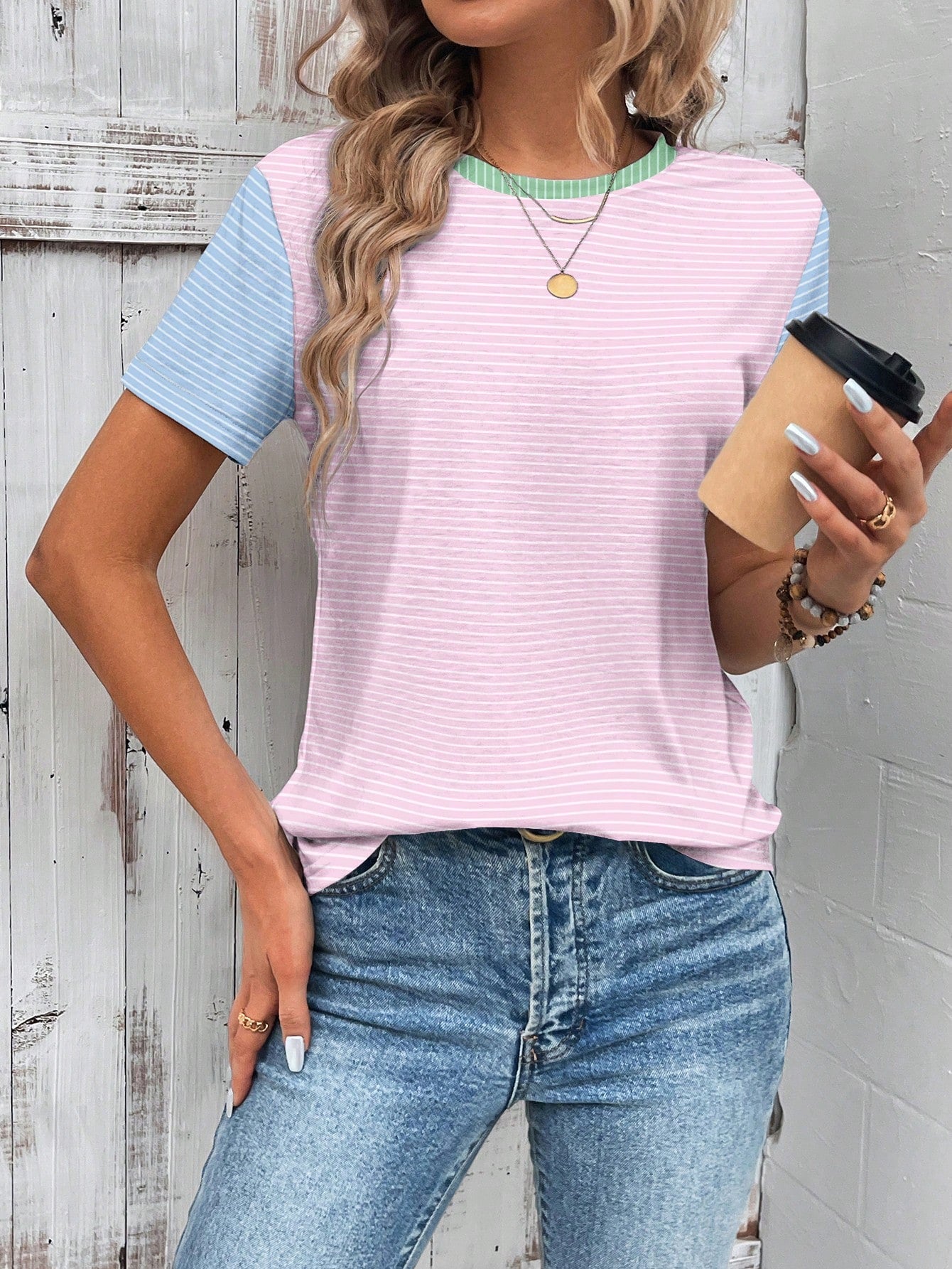 Wildy Casual Simple Contrasting Striped Round Neck Short Sleeve Loose Women T-Shirt Brunch Breakfast Everyday Pink Stripe Summer
