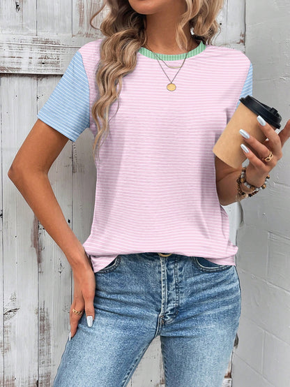 Wildy Casual Simple Contrasting Striped Round Neck Short Sleeve Loose Women T-Shirt Brunch Breakfast Everyday Pink Stripe Summer