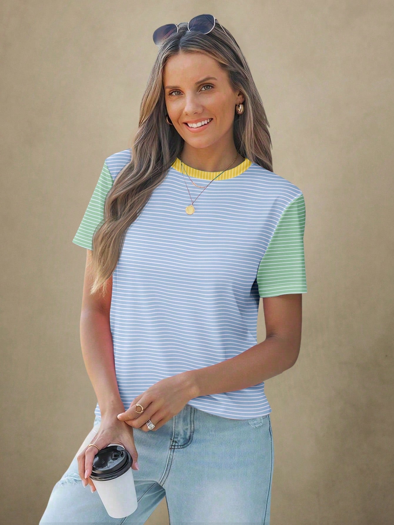 Wildy Casual Simple Contrasting Striped Round Neck Short Sleeve Loose Women T-Shirt Brunch Breakfast Everyday Pink Stripe Summer