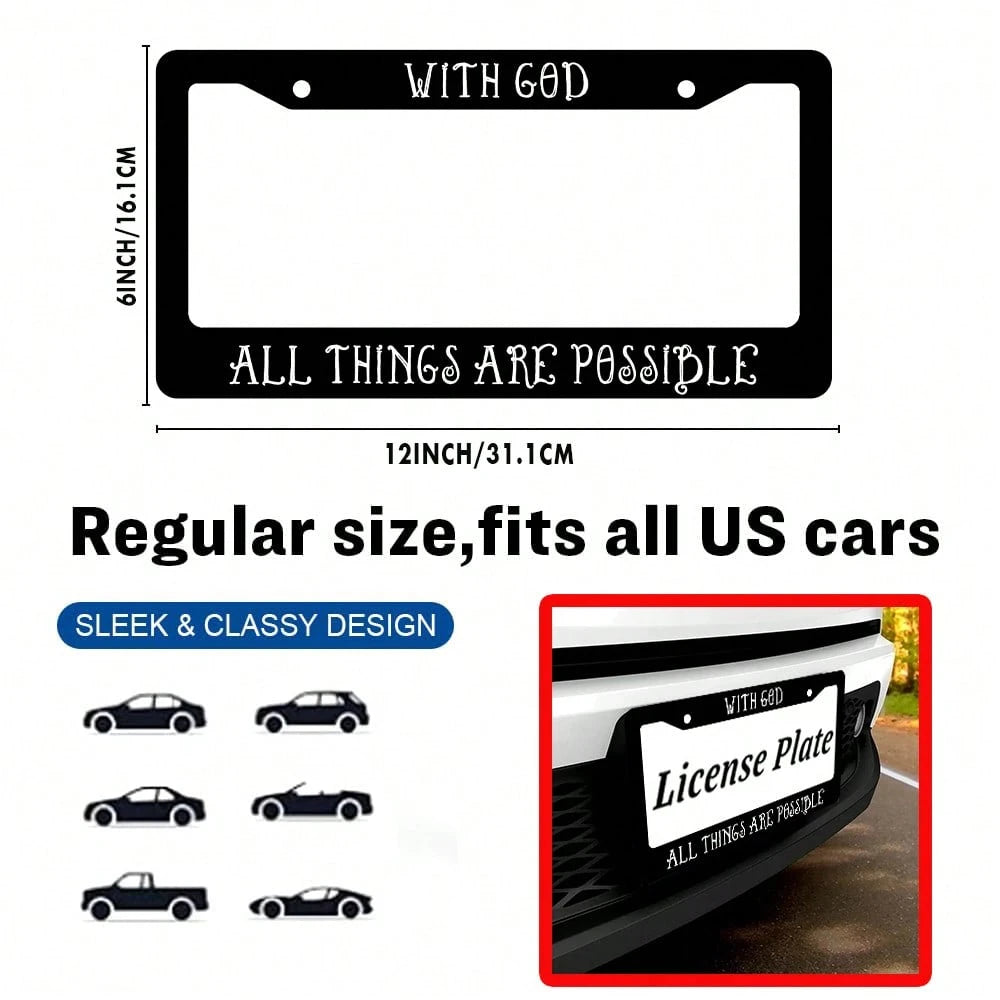 With God All Things Are Possible Matte Black License Plate Frame Christian, Jesus/God Auto Car Frame, Heavy Duty License Plate Cover Holder, 2 Holes With Screws 2PC