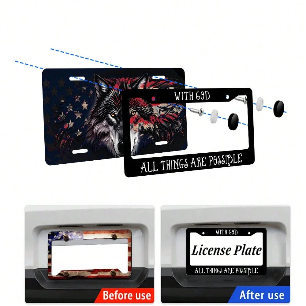 With God All Things Are Possible Matte Black License Plate Frame Christian, Jesus/God Auto Car Frame, Heavy Duty License Plate Cover Holder, 2 Holes With Screws 2PC