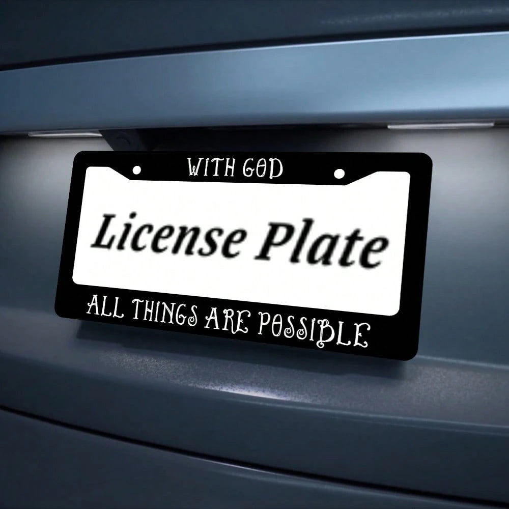 With God All Things Are Possible Matte Black License Plate Frame Christian, Jesus/God Auto Car Frame, Heavy Duty License Plate Cover Holder, 2 Holes With Screws 2PC