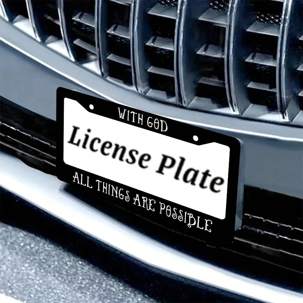 With God All Things Are Possible Matte Black License Plate Frame Christian, Jesus/God Auto Car Frame, Heavy Duty License Plate Cover Holder, 2 Holes With Screws 2PC