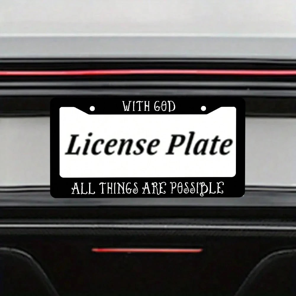 With God All Things Are Possible Matte Black License Plate Frame Christian, Jesus/God Auto Car Frame, Heavy Duty License Plate Cover Holder, 2 Holes With Screws 2PC