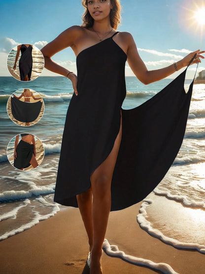Women Casual Knitted Spaghetti Strap Sleeveless Dress Medium Stretch Regular Length Swim Cover Up Vacation Beach Black Summer