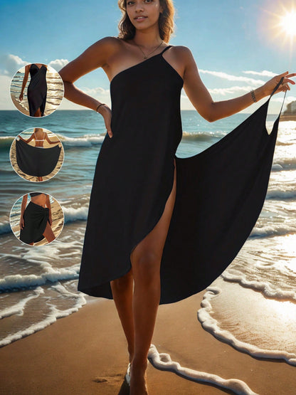 Women Casual Knitted Spaghetti Strap Sleeveless Dress Medium Stretch Regular Length Swim Cover Up Vacation Beach Black Summer