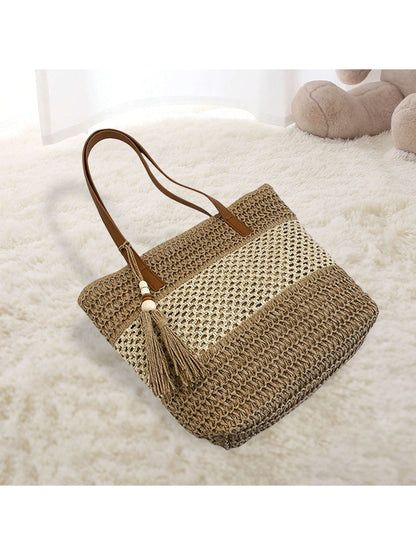 Women Large Capacity Tote Bag Fashion Tassel Beach Shoulder Bag Handbag For Travel Daily Shopping