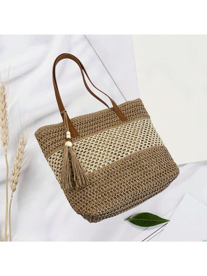 Women Large Capacity Tote Bag Fashion Tassel Beach Shoulder Bag Handbag For Travel Daily Shopping