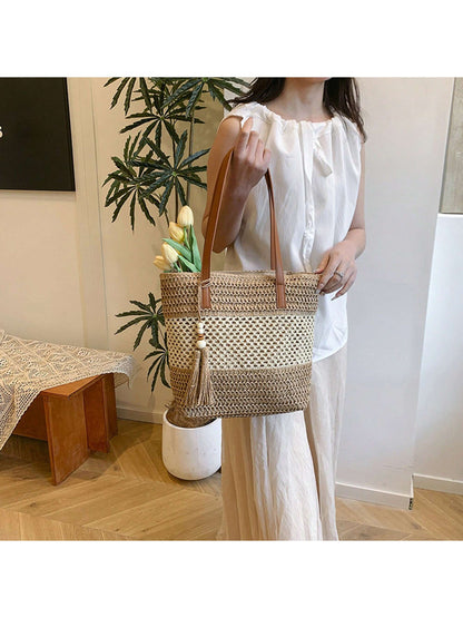 Women Large Capacity Tote Bag Fashion Tassel Beach Shoulder Bag Handbag For Travel Daily Shopping
