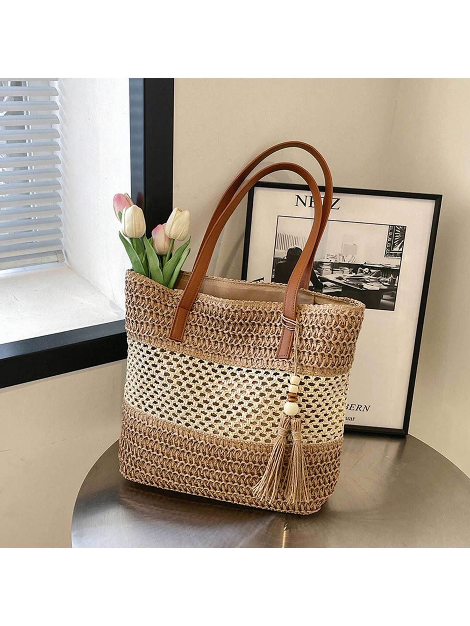 Women Large Capacity Tote Bag Fashion Tassel Beach Shoulder Bag Handbag For Travel Daily Shopping