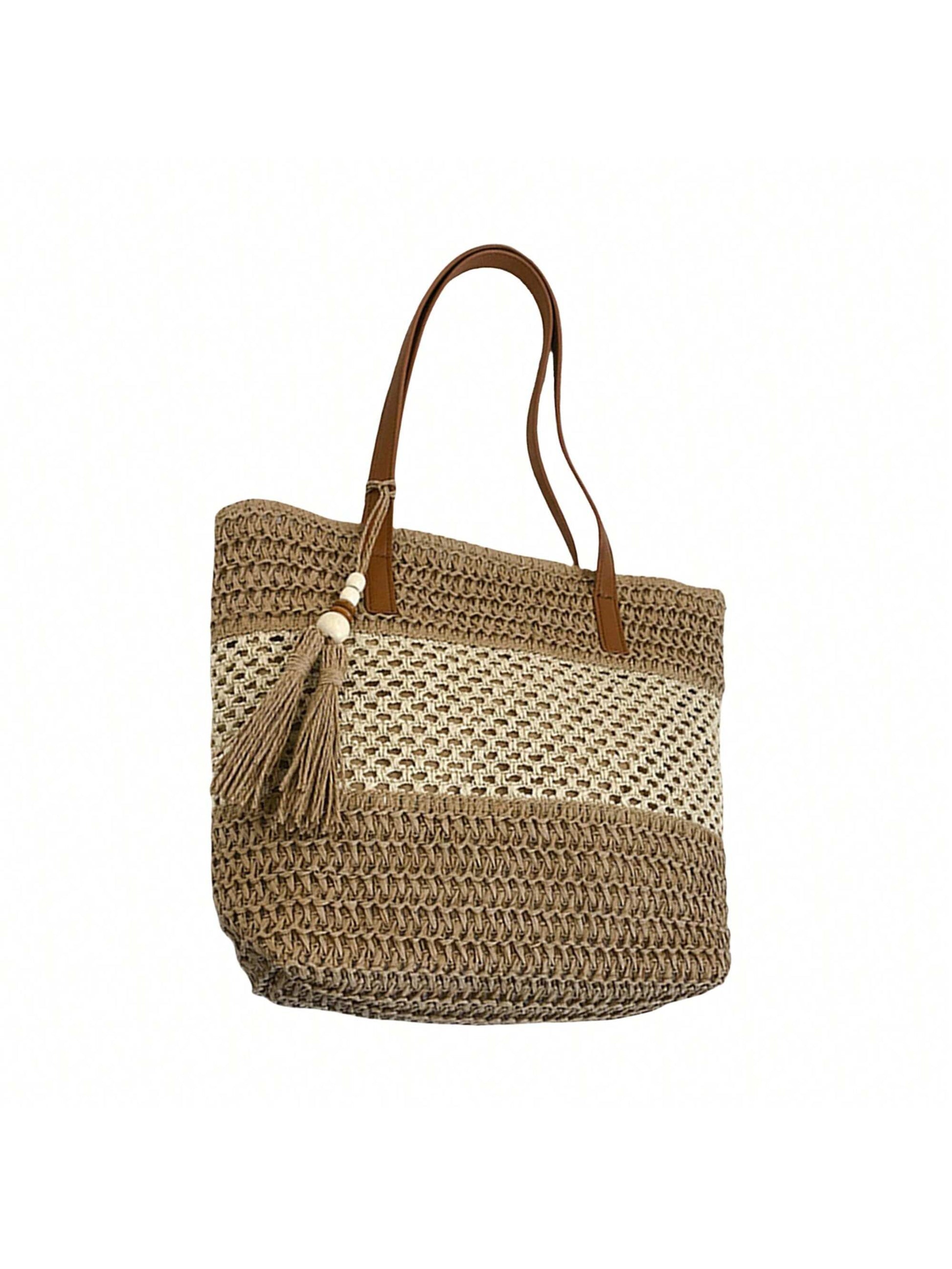 Women Large Capacity Tote Bag Fashion Tassel Beach Shoulder Bag Handbag For Travel Daily Shopping