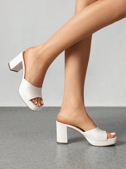 Women Minimalist Open Toe Heeled Mule Sandals Slip On, Thick Heel Casual High Heel Sandals For Outdoor Spring/Summer