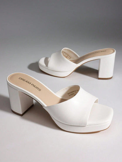 Women Minimalist Open Toe Heeled Mule Sandals Slip On, Thick Heel Casual High Heel Sandals For Outdoor Spring/Summer