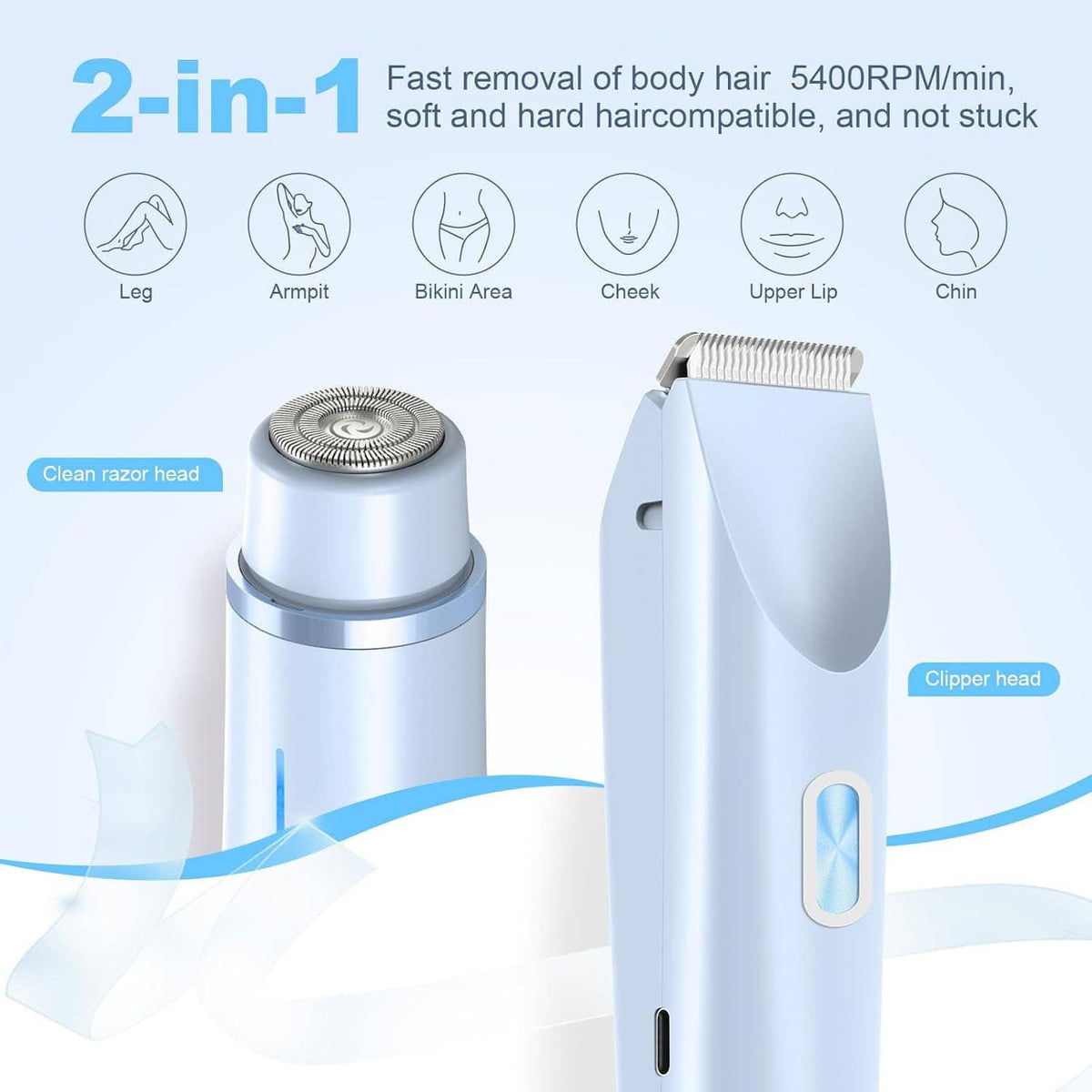 Women's 2-In-1 Dual-Head Electric Trimmer & Shaver, Wet & Dry Use, Full Body Hair Removal, Suitable For Bikini Line, Underarms, Legs, Arms And Face, Long Battery Life, Can Remove Facial Hair, Adjustab