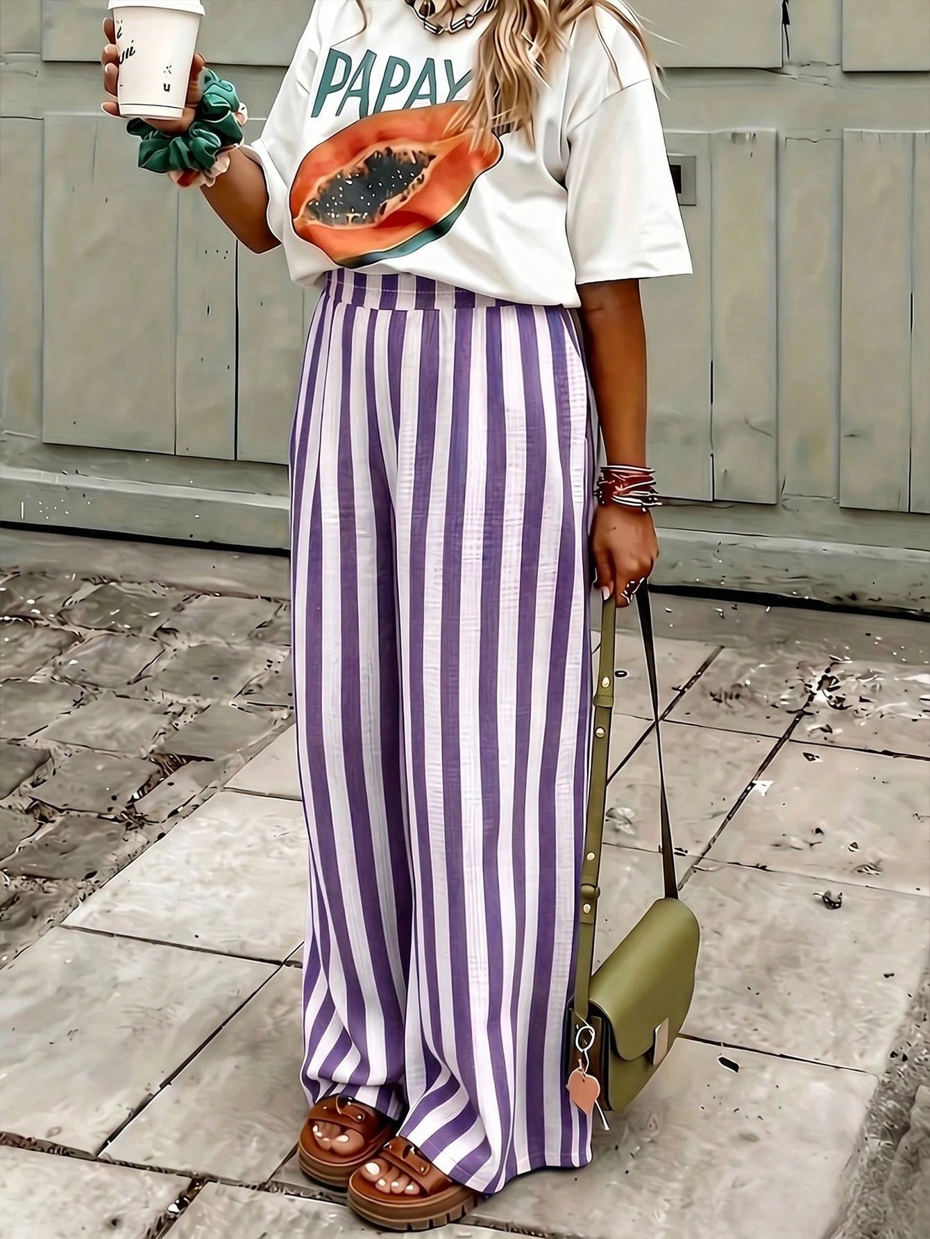 Women's Blue & White Striped Woven Wide Leg Casual Beach Pants, Spring/Summer Striped Pants With Pockets For Holiday Wear