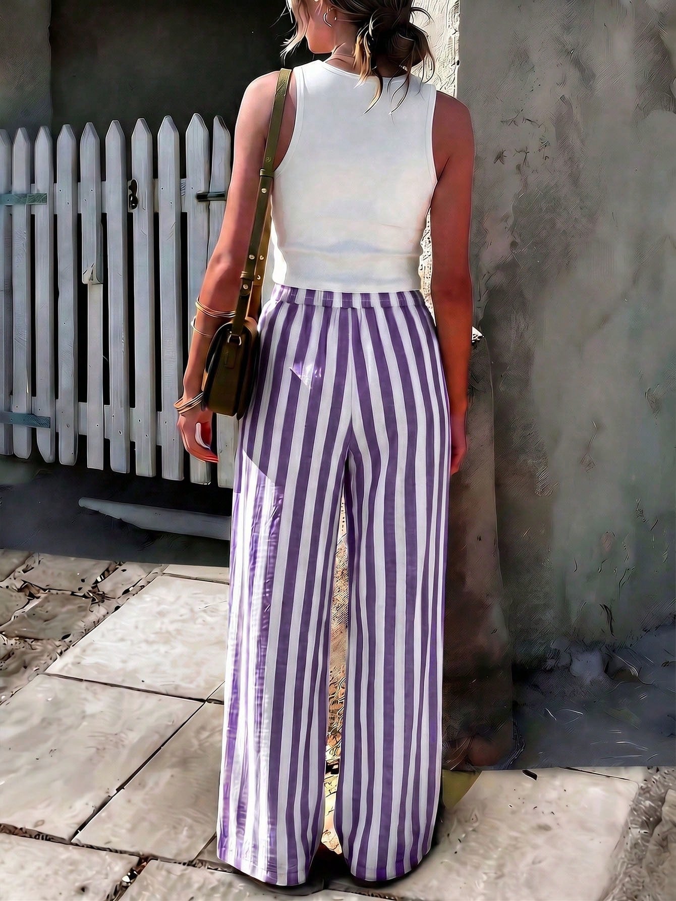 Women's Blue & White Striped Woven Wide Leg Casual Beach Pants, Spring/Summer Striped Pants With Pockets For Holiday Wear
