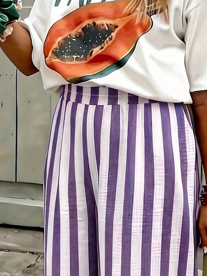 Women's Blue & White Striped Woven Wide Leg Casual Beach Pants, Spring/Summer Striped Pants With Pockets For Holiday Wear