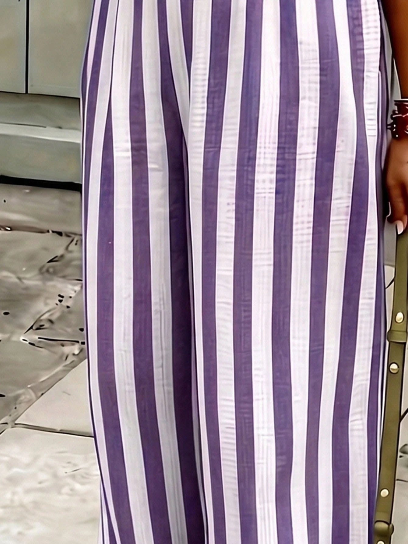 Women's Blue & White Striped Woven Wide Leg Casual Beach Pants, Spring/Summer Striped Pants With Pockets For Holiday Wear