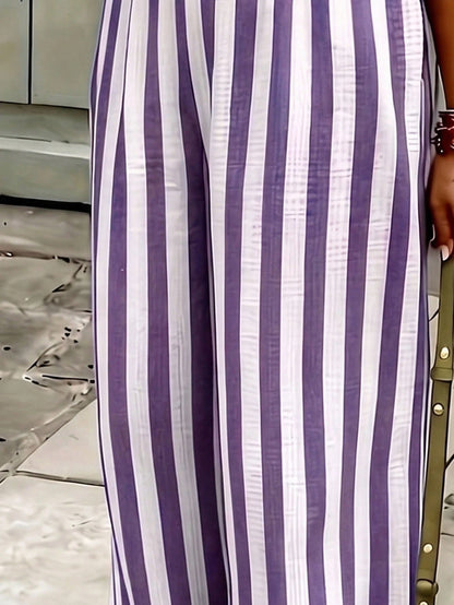 Women's Blue & White Striped Woven Wide Leg Casual Beach Pants, Spring/Summer Striped Pants With Pockets For Holiday Wear
