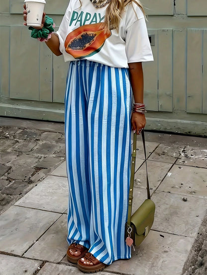 Women's Blue & White Striped Woven Wide Leg Casual Beach Pants, Spring/Summer Striped Pants With Pockets For Holiday Wear