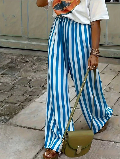 Women's Blue & White Striped Woven Wide Leg Casual Beach Pants, Spring/Summer Striped Pants With Pockets For Holiday Wear