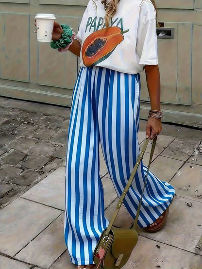 Women's Blue & White Striped Woven Wide Leg Casual Beach Pants, Spring/Summer Striped Pants With Pockets For Holiday Wear