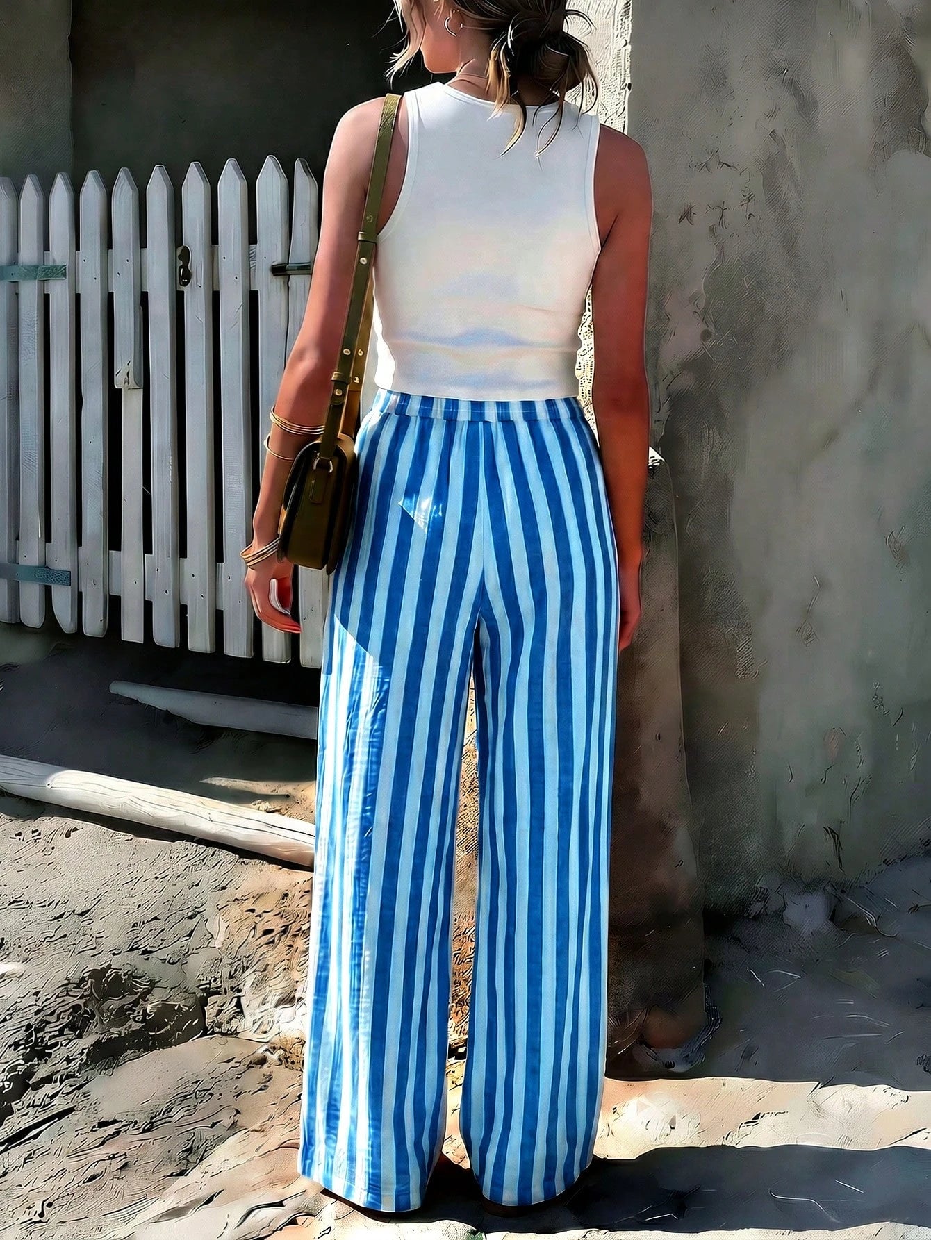 Women's Blue & White Striped Woven Wide Leg Casual Beach Pants, Spring/Summer Striped Pants With Pockets For Holiday Wear