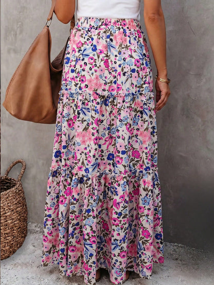 Women's Bohemian Style Maxi Skirt, Made Of Woven Fabric With Floral Print, Layered Ruffle Hem Design, Casual & Elegant Summer