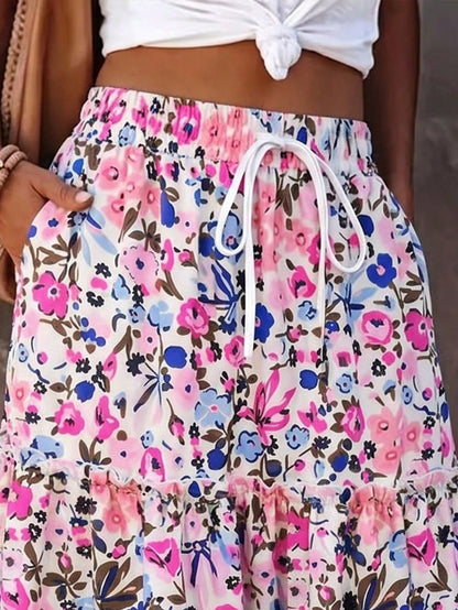 Women's Bohemian Style Maxi Skirt, Made Of Woven Fabric With Floral Print, Layered Ruffle Hem Design, Casual & Elegant Summer