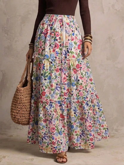 Women's Bohemian Style Maxi Skirt, Made Of Woven Fabric With Floral Print, Layered Ruffle Hem Design, Casual & Elegant Summer