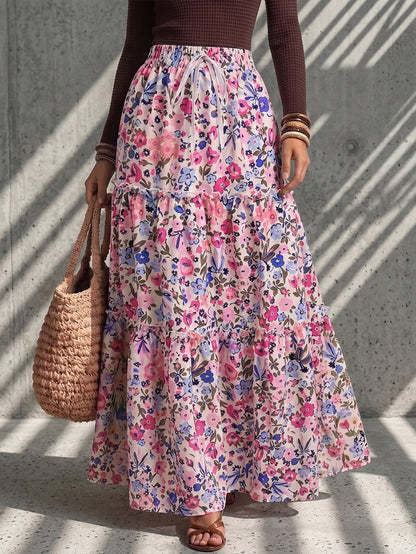Women's Bohemian Style Maxi Skirt, Made Of Woven Fabric With Floral Print, Layered Ruffle Hem Design, Casual & Elegant Summer