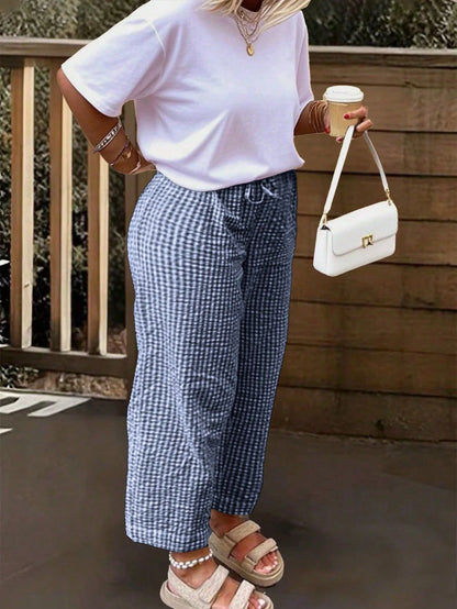 Women's Bohemian Style Striped Wide-Leg Pants Mixed Plaid Design Loose Fit Fashionable From Coachella Music Festival To Derby Day Summer, Palazzo
