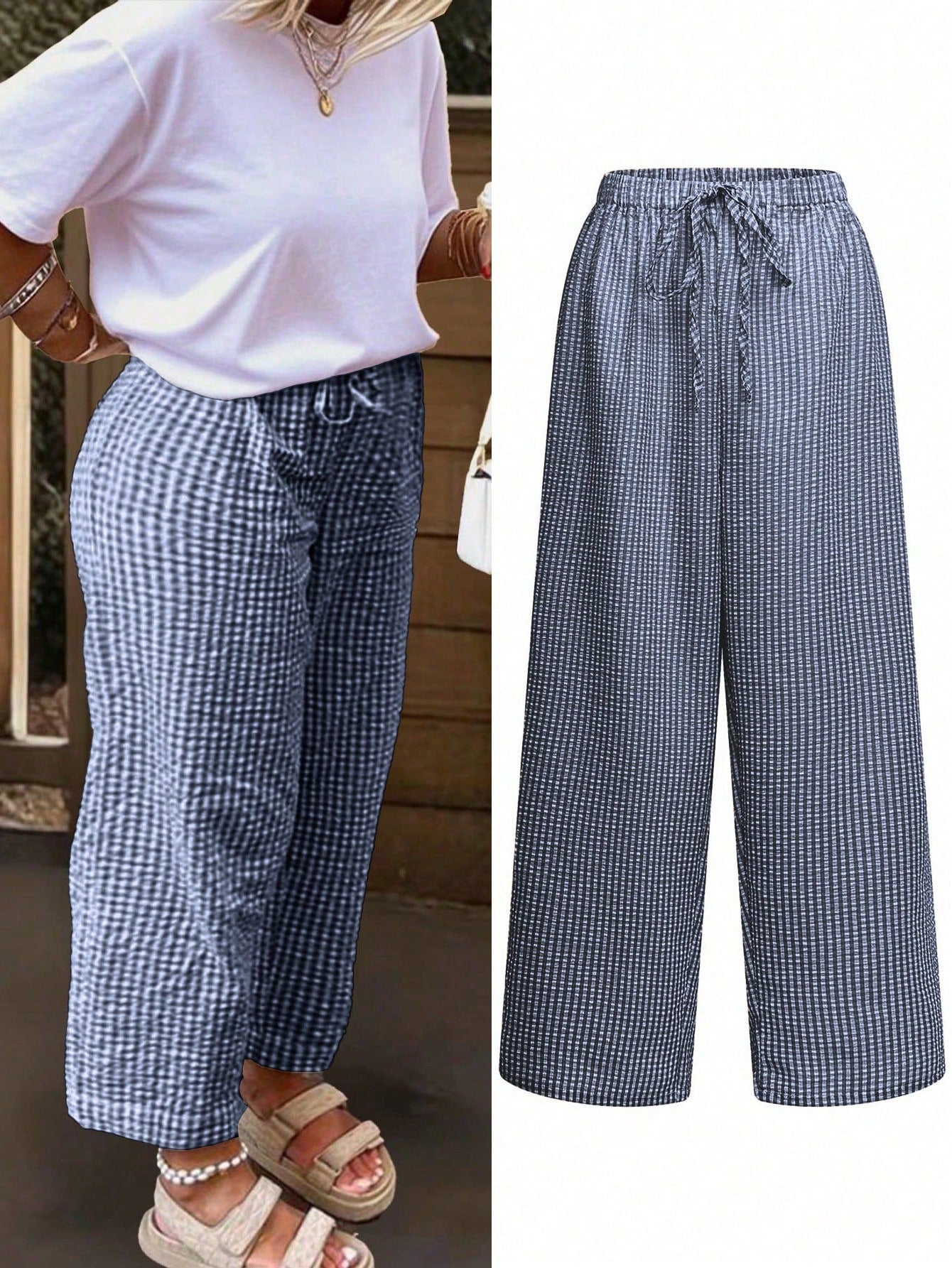Women's Bohemian Style Striped Wide-Leg Pants Mixed Plaid Design Loose Fit Fashionable From Coachella Music Festival To Derby Day Summer, Palazzo