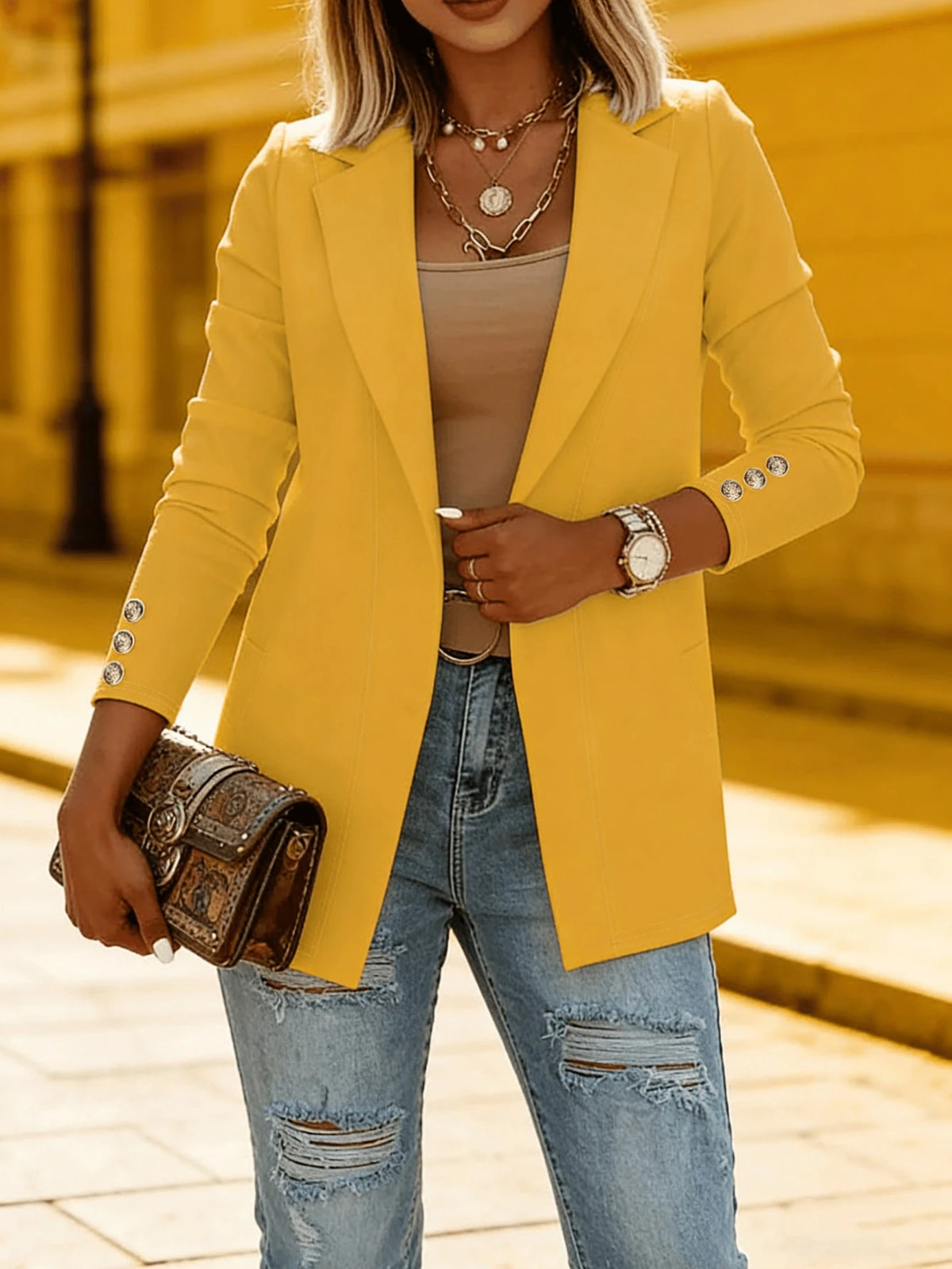 Women's Bright Yellow Open Blazer, Metal Cuff Buttons, Soft, Summer Daily Outdoor Wear,Teacher Outfits For Women