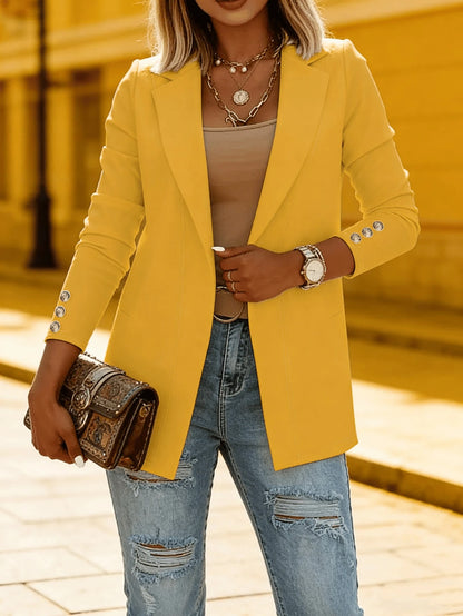 Women's Bright Yellow Open Blazer, Metal Cuff Buttons, Soft, Summer Daily Outdoor Wear,Teacher Outfits For Women