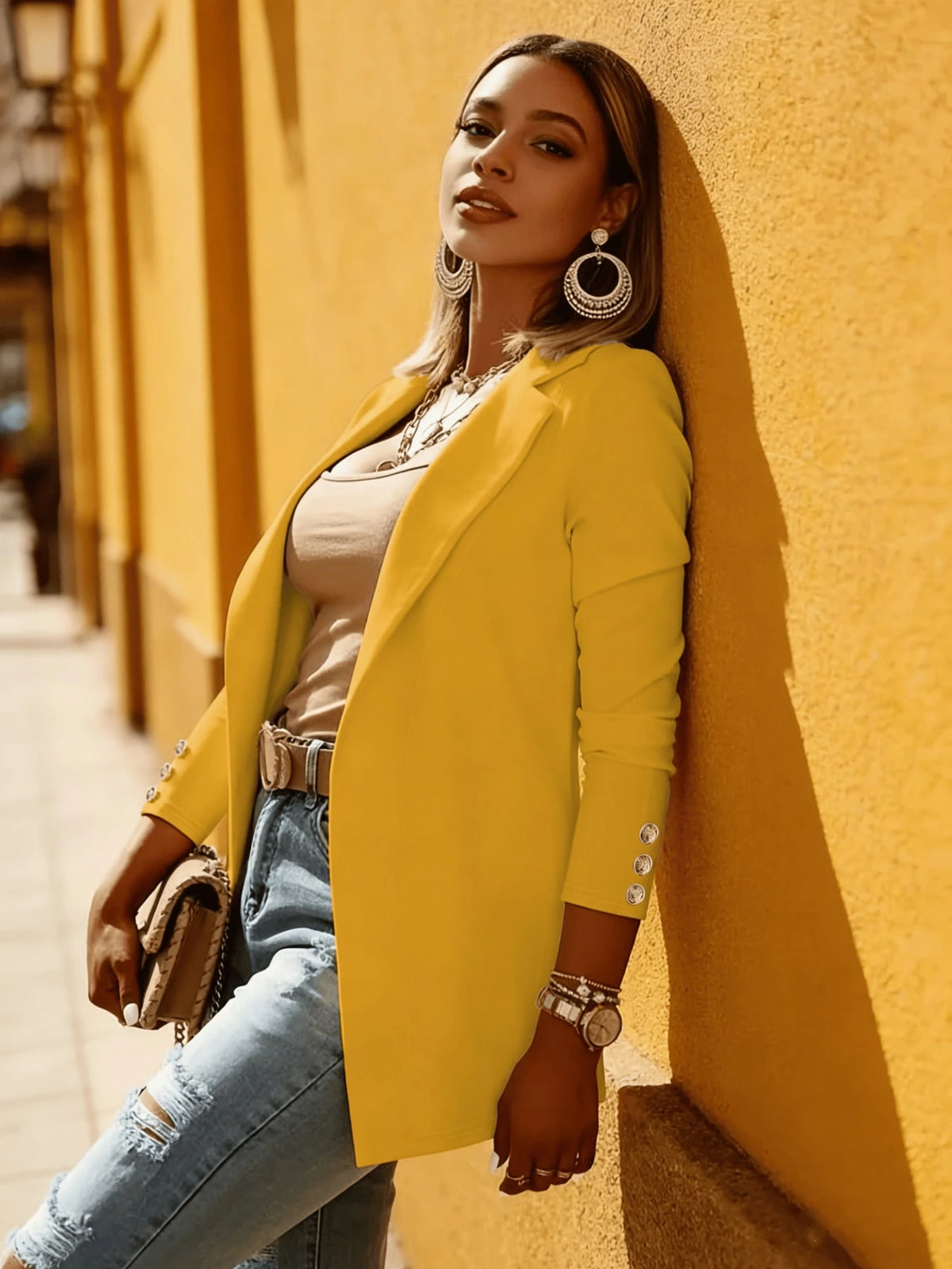 Women's Bright Yellow Open Blazer, Metal Cuff Buttons, Soft, Summer Daily Outdoor Wear,Teacher Outfits For Women