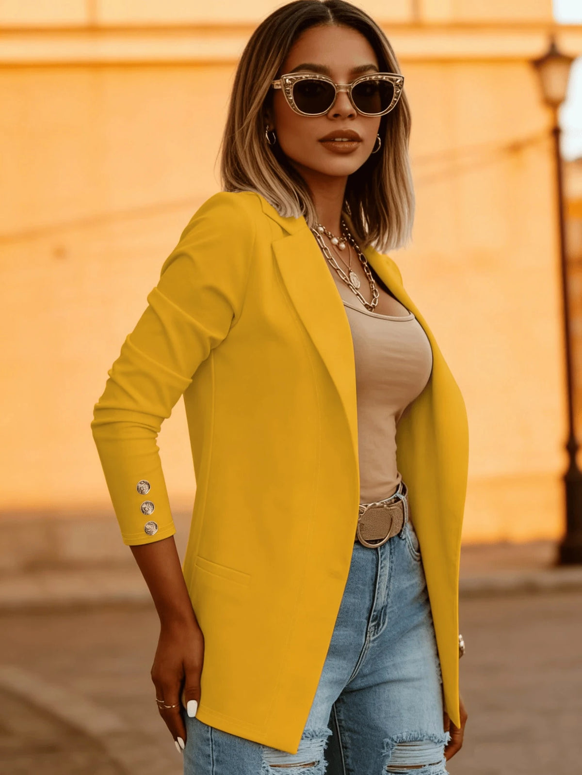 Women's Bright Yellow Open Blazer, Metal Cuff Buttons, Soft, Summer Daily Outdoor Wear,Teacher Outfits For Women