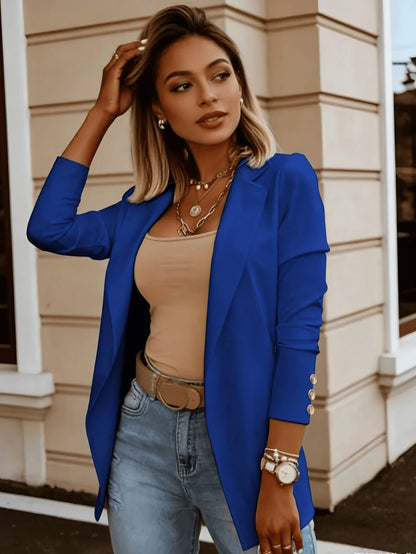 Women's Bright Yellow Open Blazer, Metal Cuff Buttons, Soft, Summer Daily Outdoor Wear,Teacher Outfits For Women